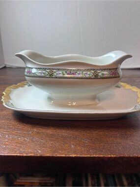 Rare J POUTAT LIMOGE White Porcelain Gravy Boat with Pink Floral Band